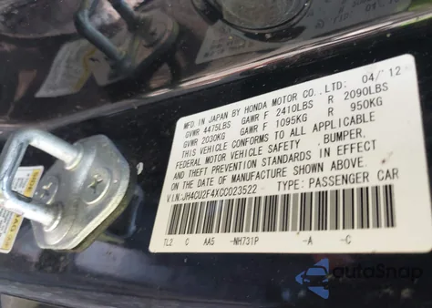 2012 Acura Tsx 2.4 from USA, damaged, VIN JH4CU2F4XCC023522